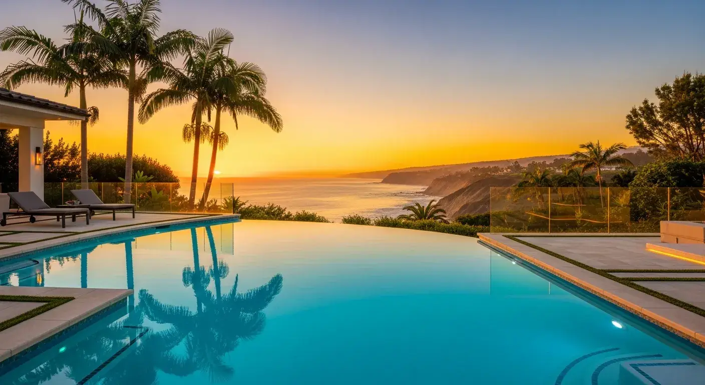 Luxury infinity pool overlooking the Southern California coast at sunset